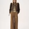 Pantaloni a gamba larga a vita alta in tela di cotone Pantaloni a gamba larga a vita alta in tela di cotone