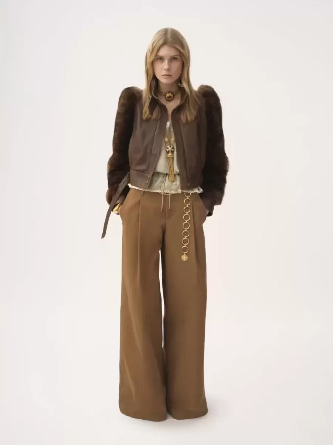Pantaloni a gamba larga a vita alta in tela di cotone Pantaloni a gamba larga a vita alta in tela di cotone