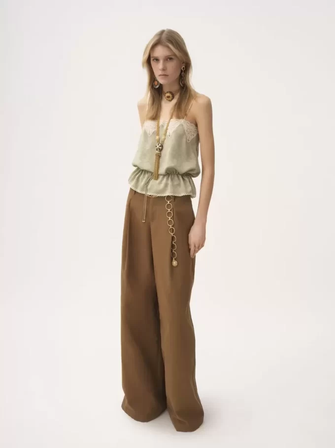 Pantaloni a gamba larga a vita alta in tela di cotone Pantaloni a gamba larga a vita alta in tela di cotone
