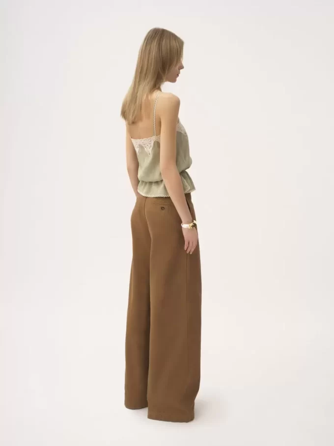 Pantaloni a gamba larga a vita alta in tela di cotone Pantaloni a gamba larga a vita alta in tela di cotone