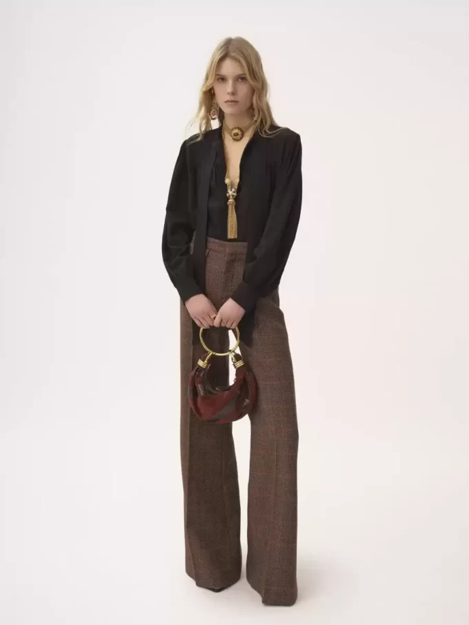 Pantaloni svasati a vita alta in lana a quadri