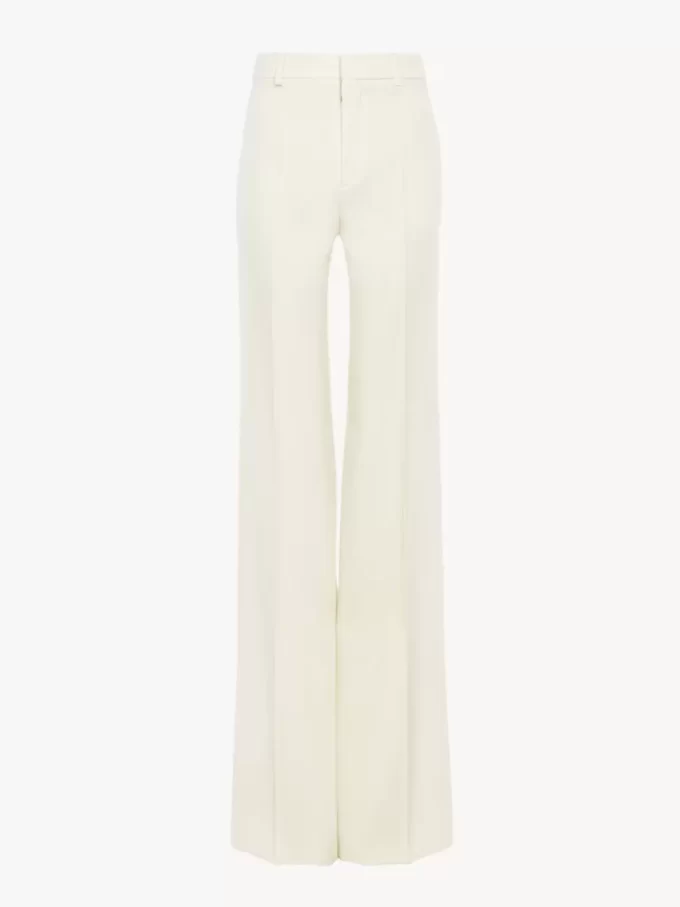 Pantaloni svasati a vita alta in lana grain de poudre