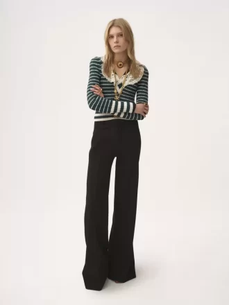 Pantaloni svasati a vita alta in lana grain de poudre
