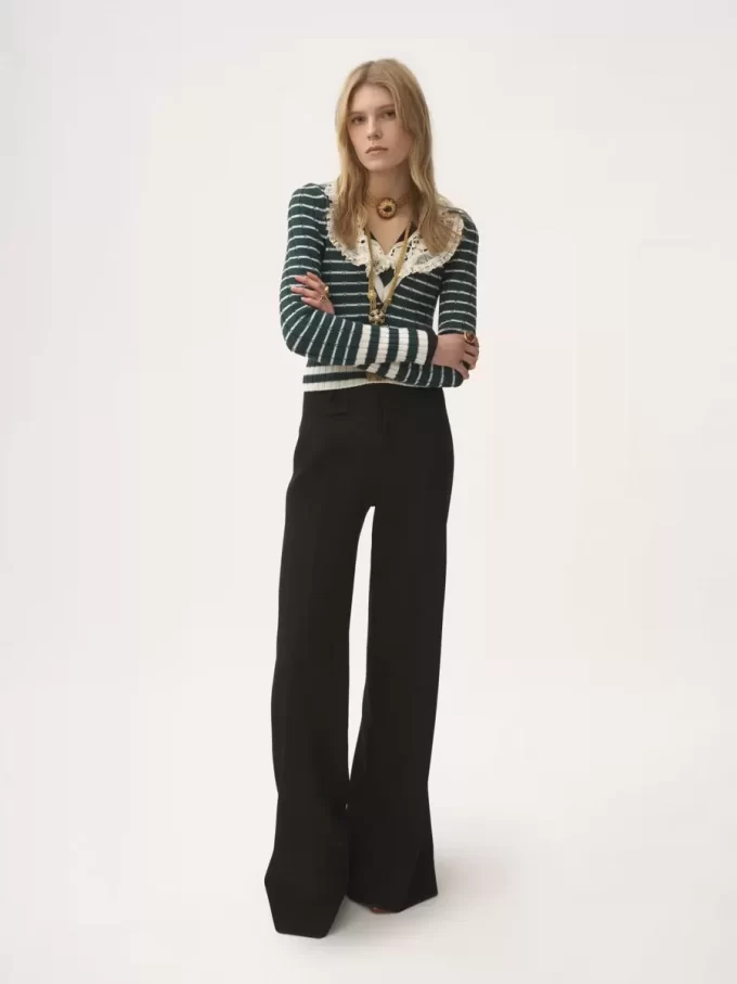 Pantaloni svasati a vita alta in lana grain de poudre