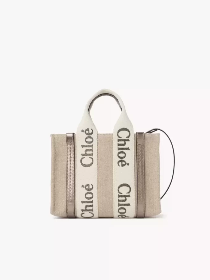 Piccola borsa tote Woody in lino e pelle Piccola borsa tote Woody in lino e pelle