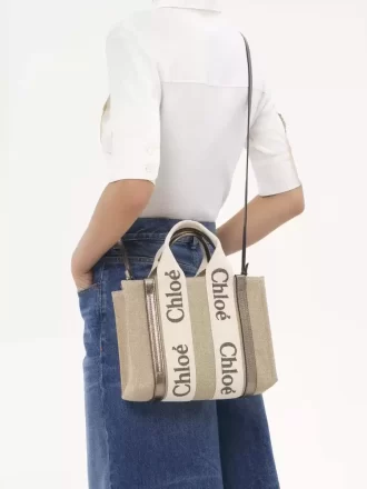 Piccola borsa tote Woody in lino e pelle