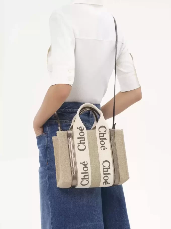 Piccola borsa tote Woody in lino e pelle Piccola borsa tote Woody in lino e pelle