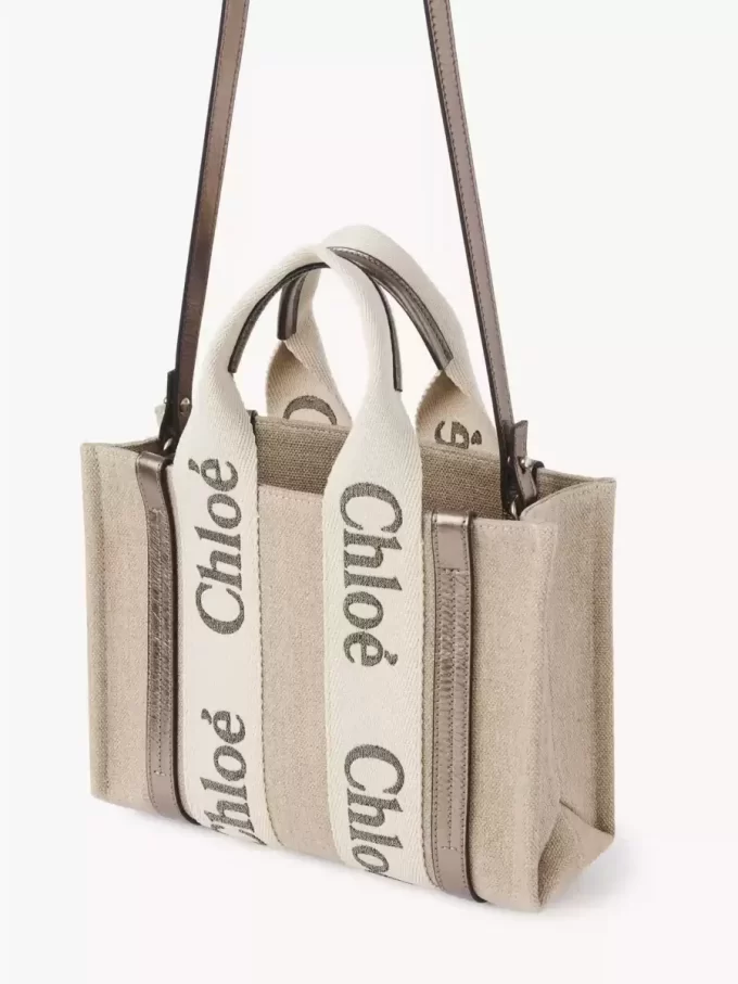 Piccola borsa tote Woody in lino e pelle Piccola borsa tote Woody in lino e pelle