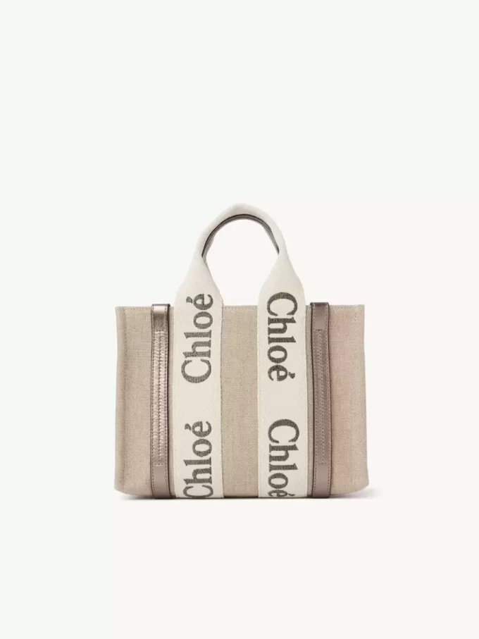 Piccola borsa tote Woody in lino e pelle Piccola borsa tote Woody in lino e pelle
