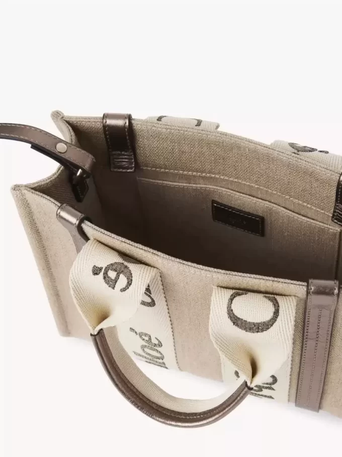 Piccola borsa tote Woody in lino e pelle Piccola borsa tote Woody in lino e pelle