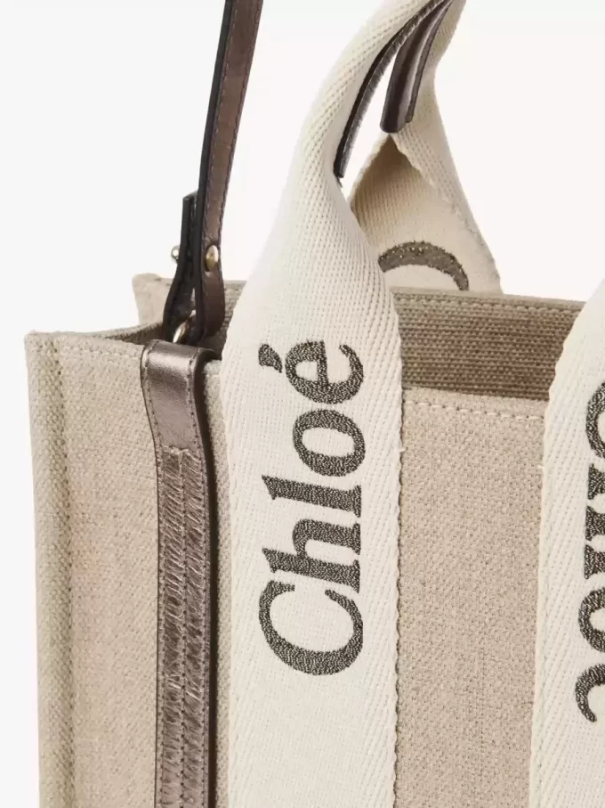 Piccola borsa tote Woody in lino e pelle Piccola borsa tote Woody in lino e pelle