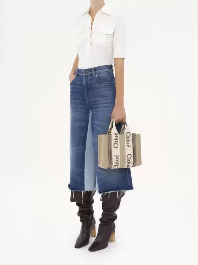Piccola borsa tote Woody in lino e pelle Piccola borsa tote Woody in lino e pelle
