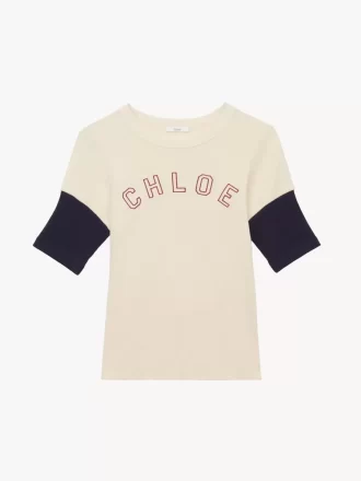 T-shirt aderente con logo in cotone e lana fiammata T-shirt aderente con logo in cotone e lana fiammata