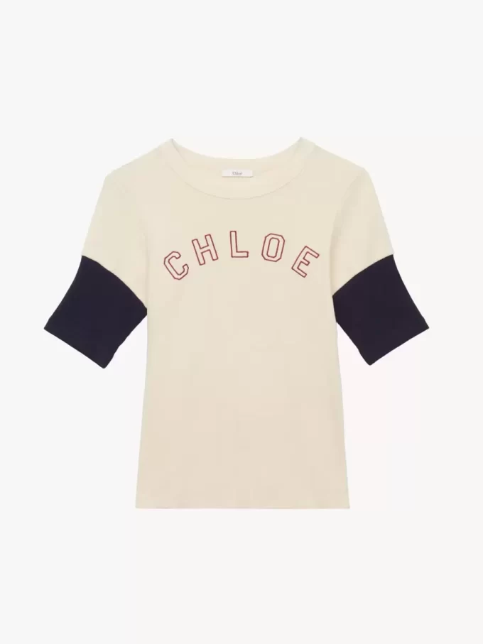 T-shirt aderente con logo in cotone e lana fiammata T-shirt aderente con logo in cotone e lana fiammata