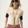 T-shirt aderente con logo in cotone e lana fiammata T-shirt aderente con logo in cotone e lana fiammata