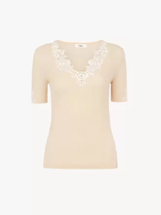 Top aderente a maniche corte in maglia di lana con pizzo guipure Top aderente a maniche corte in maglia di lana con pizzo guipure