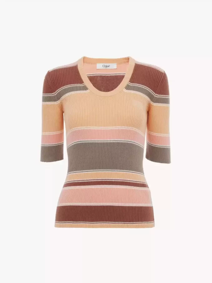 Top aderente con logo in maglia di cotone, manica fino al gomito Top aderente con logo in maglia di cotone, manica fino al gomito