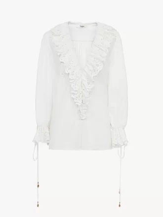 Top con scollo a V e maniche a sbuffo in voile di cotone
