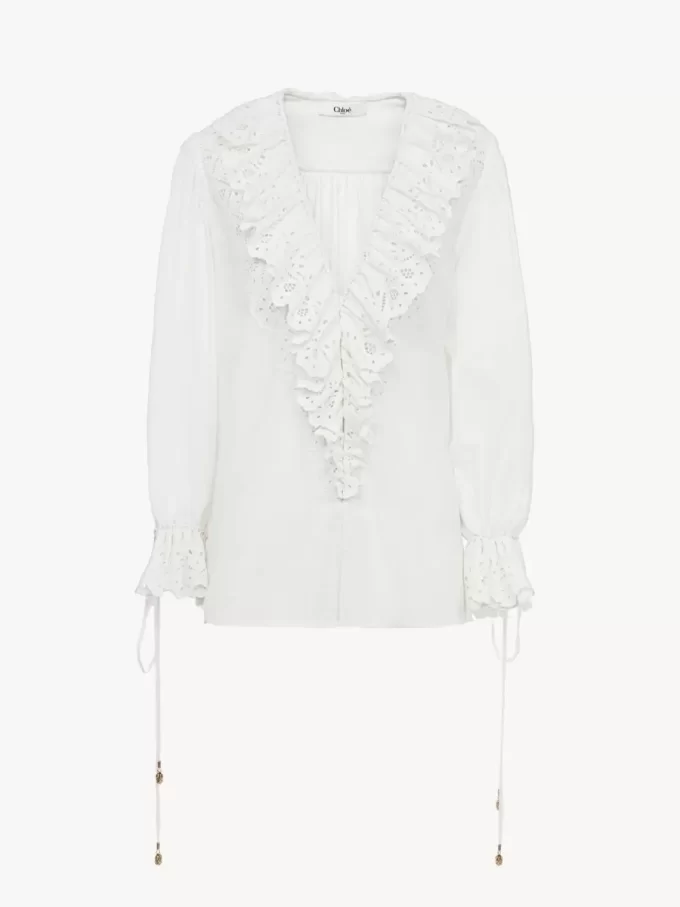 Top con scollo a V e maniche a sbuffo in voile di cotone Top con scollo a V e maniche a sbuffo in voile di cotone
