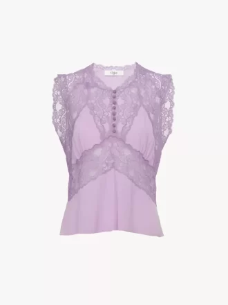 Top con scollo a V in crêpe de chine e pizzo
