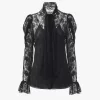 Top lavallière con maniche a sbuffo in jacquard di pizzo floreale Top lavallière con maniche a sbuffo in jacquard di pizzo floreale