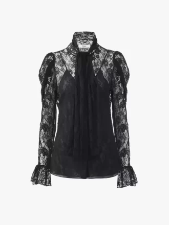 Top lavallière con maniche a sbuffo in jacquard di pizzo floreale