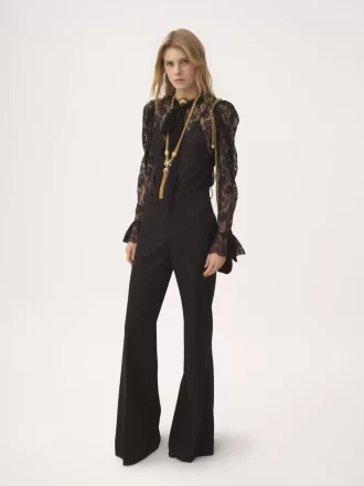 Top lavallière con maniche a sbuffo in jacquard di pizzo floreale