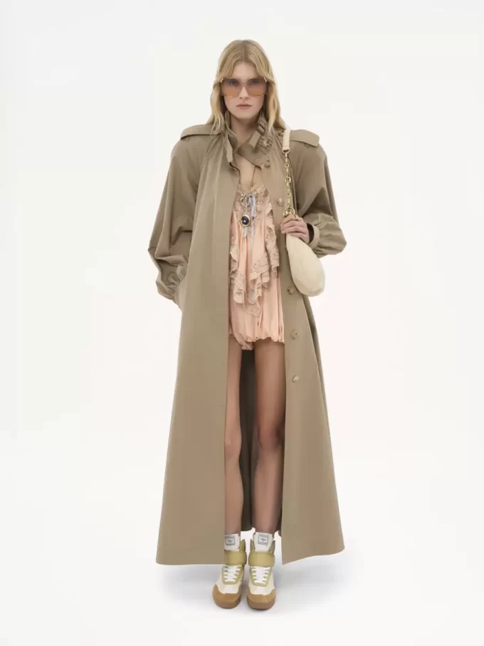 Trench lungo a collo alto in gabardine di cotone Trench lungo a collo alto in gabardine di cotone